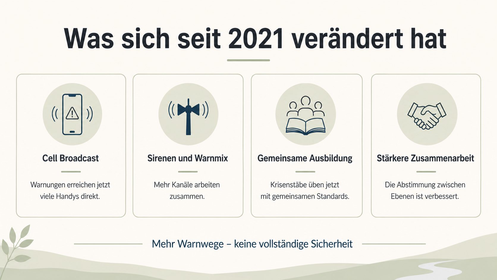 Grafik: Was sich seit 2021 verändert hat – Cell Broadcast, Sirenen und Warnmix, gemeinsame Ausbildung, stärkere Zusammenarbeit