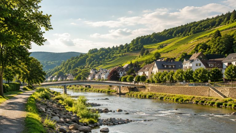 Ruhiges Ahrtal mit Fluss, Hängen und wiederaufgebauter Infrastruktur an einem hellen Sommertag