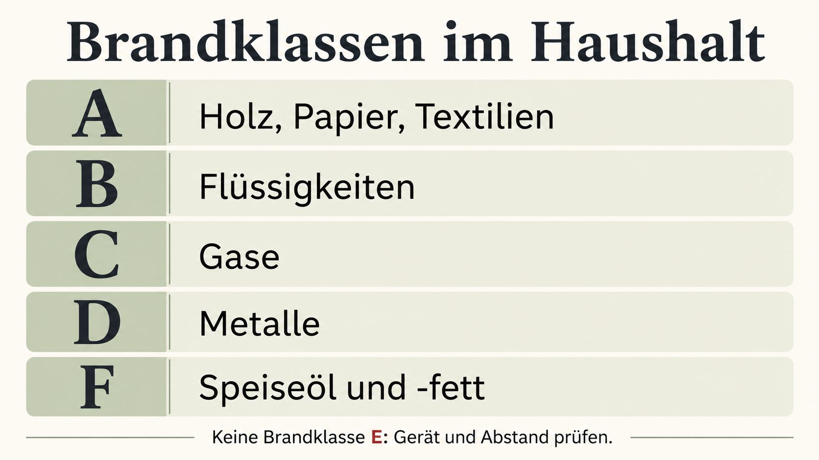 Brandklassen im Haushalt: A Holz, Papier, Textilien; B Flüssigkeiten; C Gase; D Metalle; F Speiseöl und -fett; keine Brandklasse E