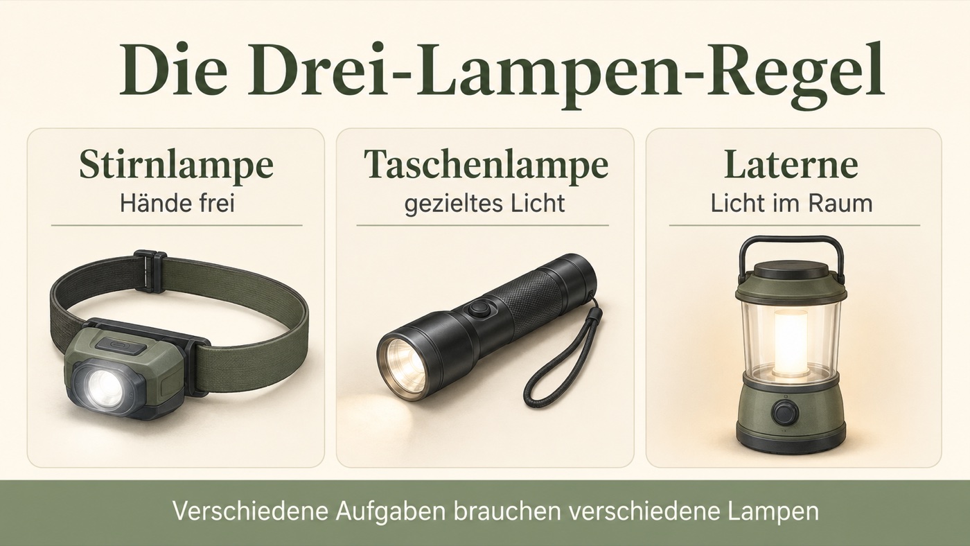 Die Drei-Lampen-Regel: Stirnlampe für freie Hände, Taschenlampe für gezieltes Licht, Laterne für Licht im Raum