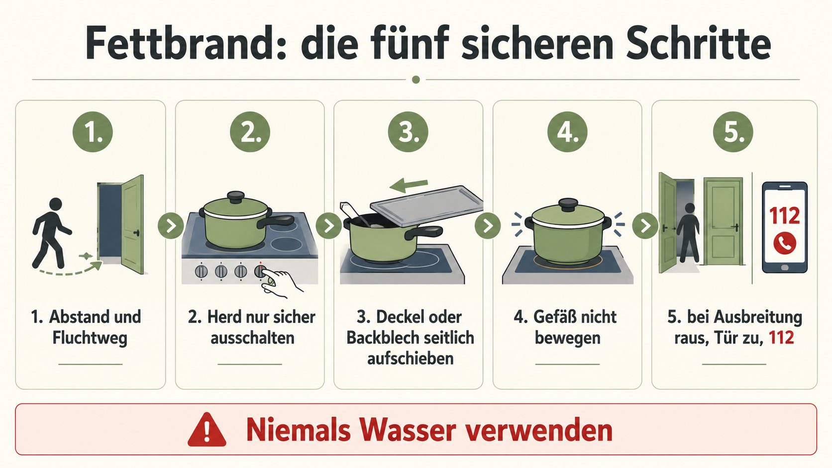Fettbrand – die fünf sicheren Schritte: Abstand und Fluchtweg, Herd nur sicher ausschalten, Deckel oder Backblech seitlich aufschieben, Gefäß nicht bewegen, bei Ausbreitung raus, Tür zu, 112 – niemals Wasser verwenden
