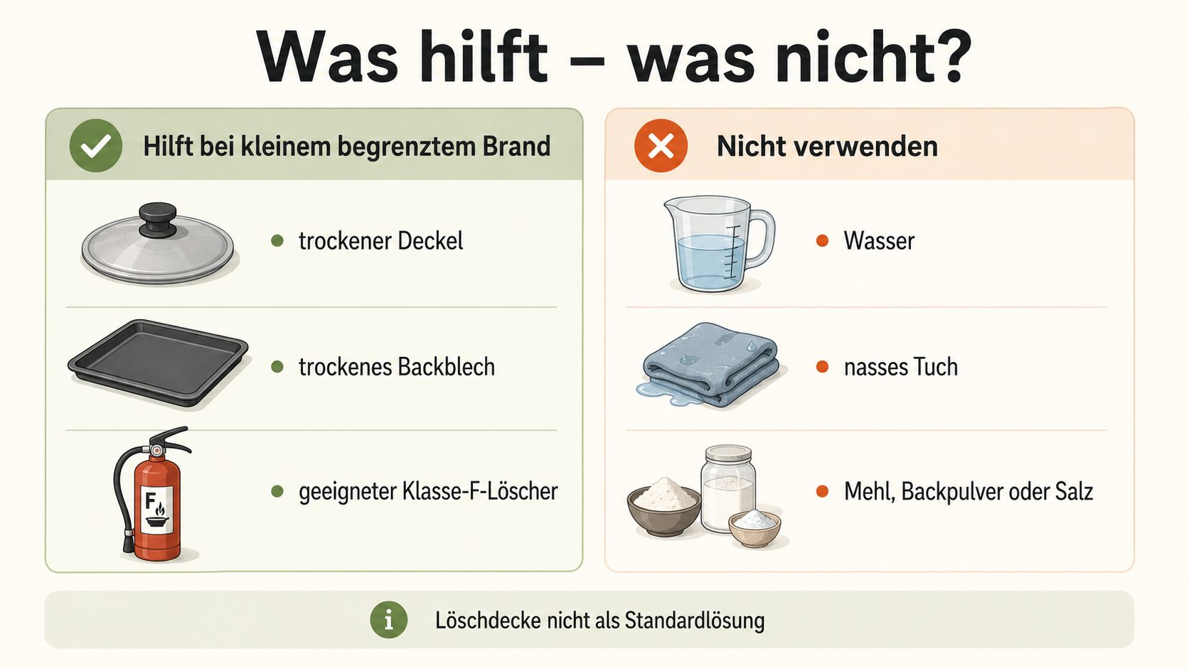 Was hilft bei kleinem begrenztem Fettbrand: trockener Deckel, trockenes Backblech, geeigneter Klasse-F-Löscher – nicht verwenden: Wasser, nasses Tuch, Mehl, Backpulver oder Salz; Löschdecke nicht als Standardlösung