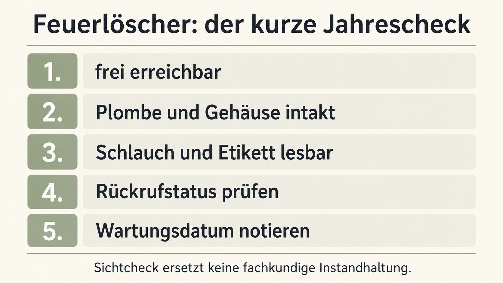 Feuerlöscher-Jahrescheck: frei erreichbar, Plombe und Gehäuse intakt, Schlauch und Etikett lesbar, Rückrufstatus prüfen, Wartungsdatum notieren