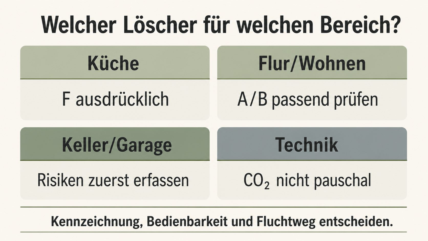 Welcher Löscher für welchen Bereich: Küche F ausdrücklich, Flur/Wohnen A/B prüfen, Keller/Garage Risiken erfassen, Technik CO₂ nicht pauschal