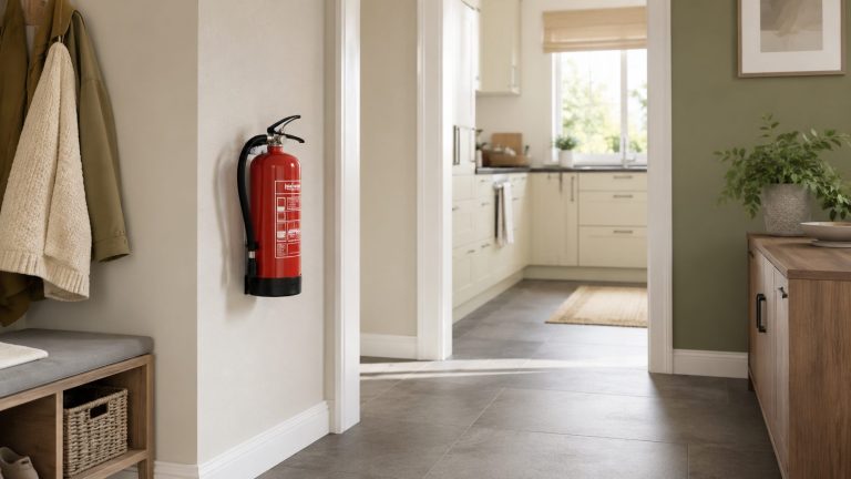 Roter Feuerlöscher an einer hellen Wand im Flur mit Blick zur Küche, Fluchtweg frei