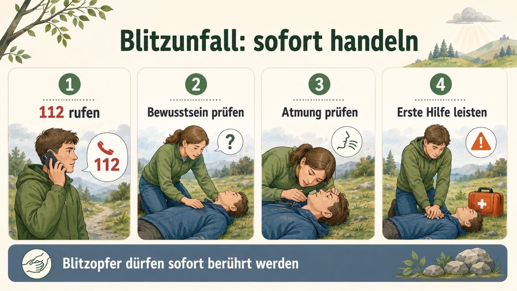 Grafik: Blitzunfall sofort handeln – 112 rufen, Bewusstsein prüfen, Atmung prüfen und Erste Hilfe leisten, weil Blitzopfer sofort berührt werden dürfen