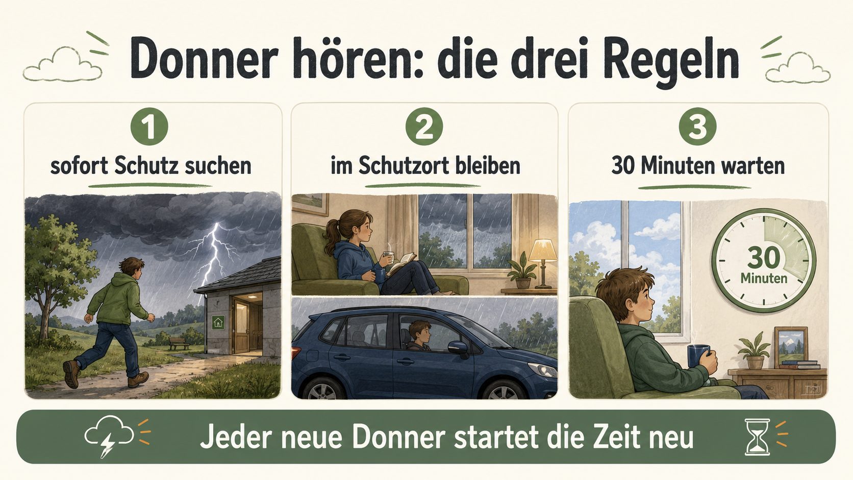 Grafik: Donner hören und die drei Regeln – sofort Schutz suchen, im Schutzort bleiben und 30 Minuten nach dem letzten Donner warten, wobei jeder neue Donner die Zeit neu startet