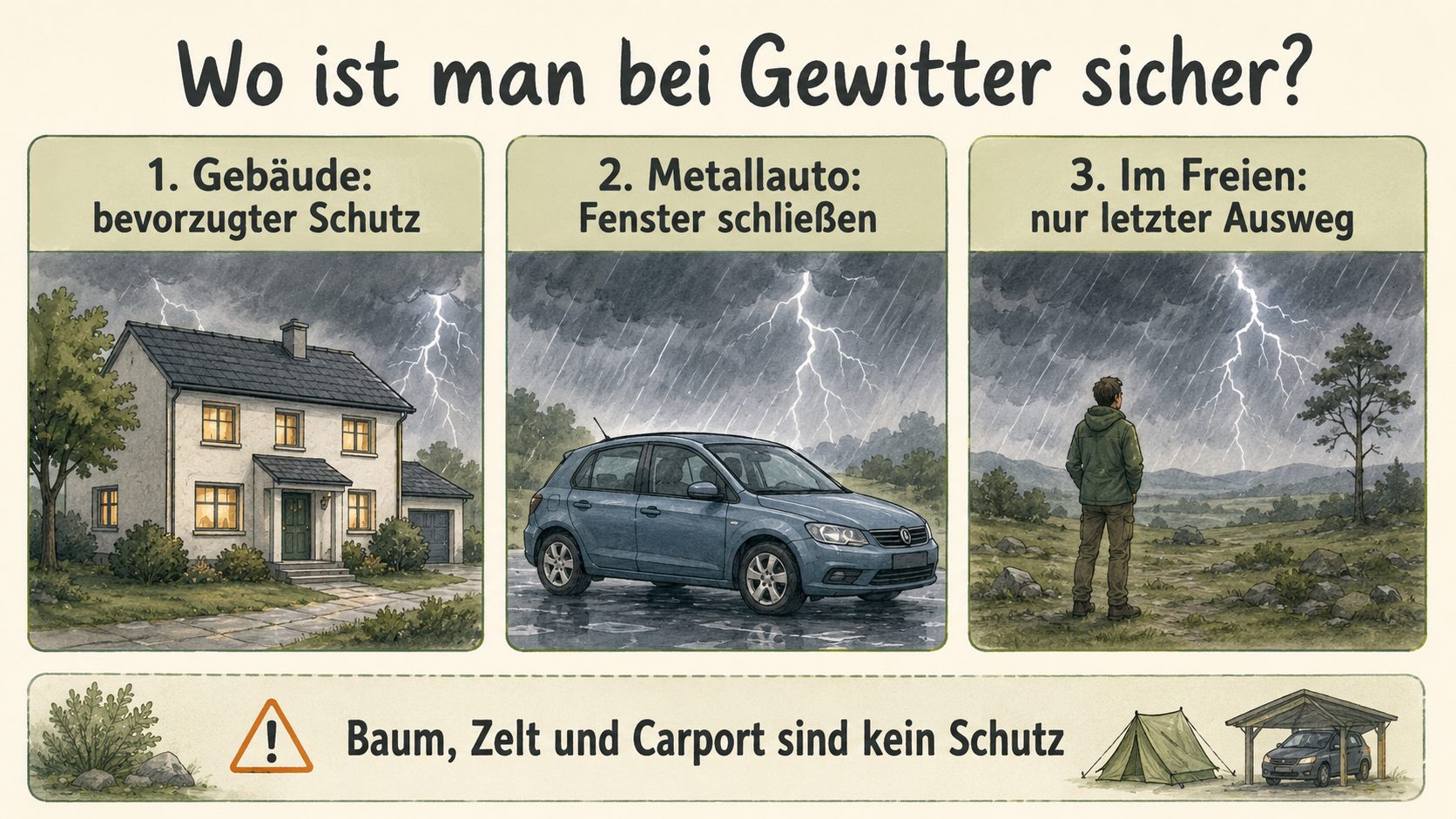 Grafik: Wo ist man bei Gewitter sicher – Gebäude als bevorzugter Schutz, geschlossenes Metallauto mit Fenstern zu, Freien nur als letzter Ausweg, während Baum, Zelt und Carport keinen Schutz bieten