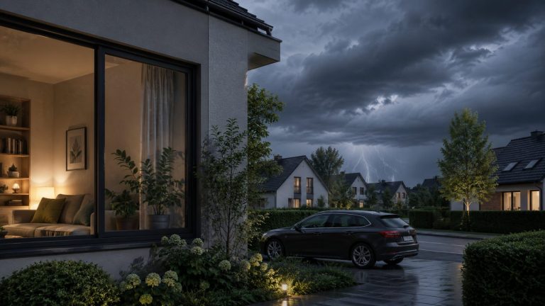 Wohnhaus am Abend mit dunklen Gewitterwolken und einem fernen Blitz, ein Auto steht in der Einfahrt