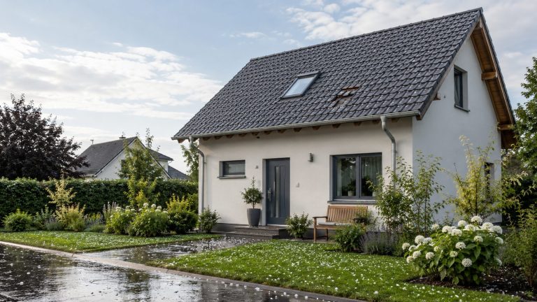 Wohnhaus nach einem Hagelschauer mit nassem Garten und vom Boden sichtbarem Dach