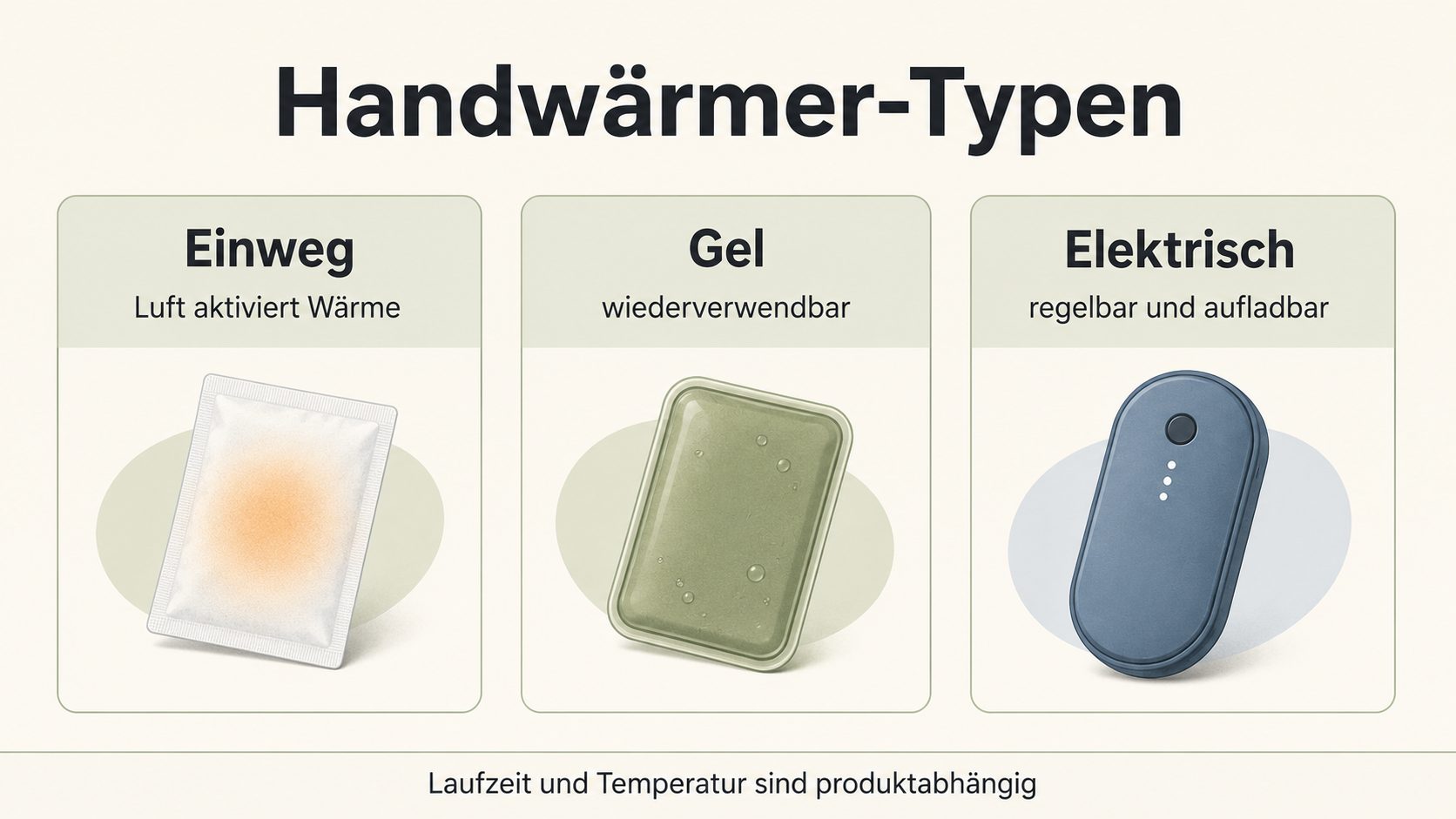 Handwärmer-Typen im Vergleich: Einweg luftaktiviert, Gel wiederverwendbar, elektrisch regelbar und aufladbar