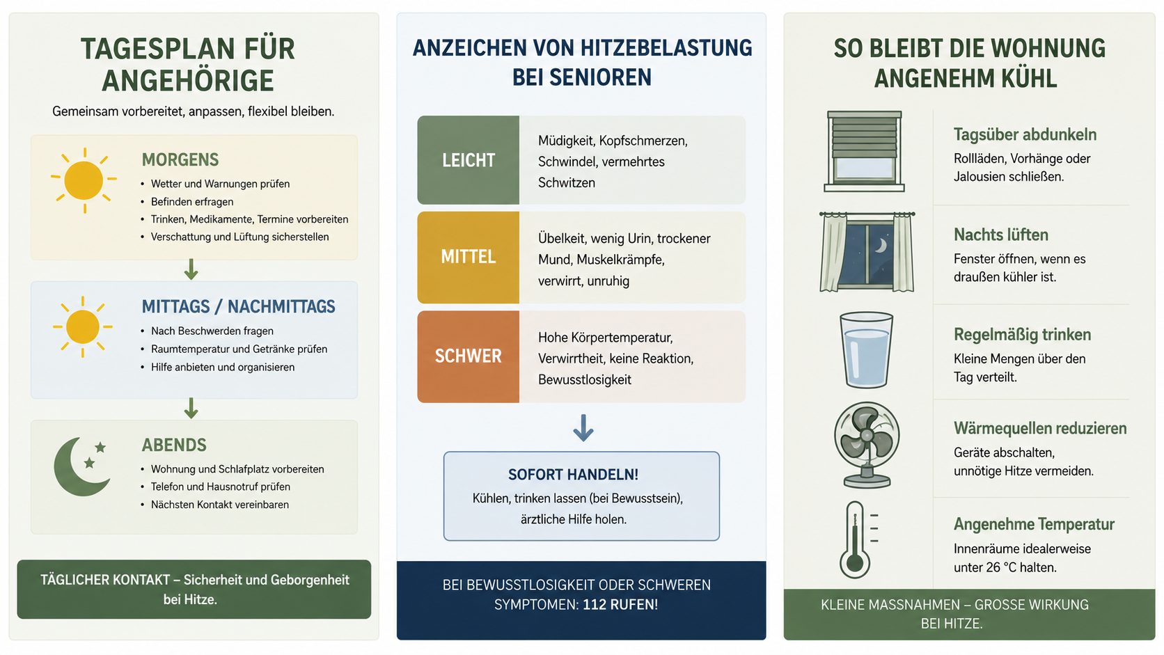 Grafik: Hitze-Tagesplan mit drei Bereichen – morgens vorbereiten, tagsüber konkret nachfragen, abends die Nacht planen