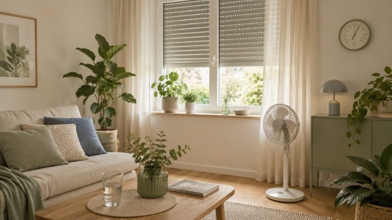 Verschatteter heller Wohnraum mit geschlossenem Fenster und Ventilator während einer Hitzewelle