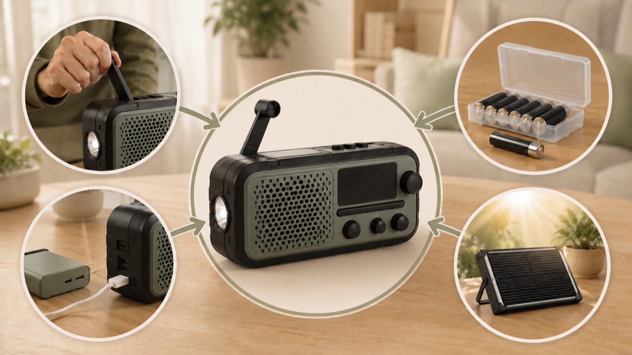 Energiequellen eines Kurbelradios: Handkurbel, Batterien, USB-Laden und Solarpanel