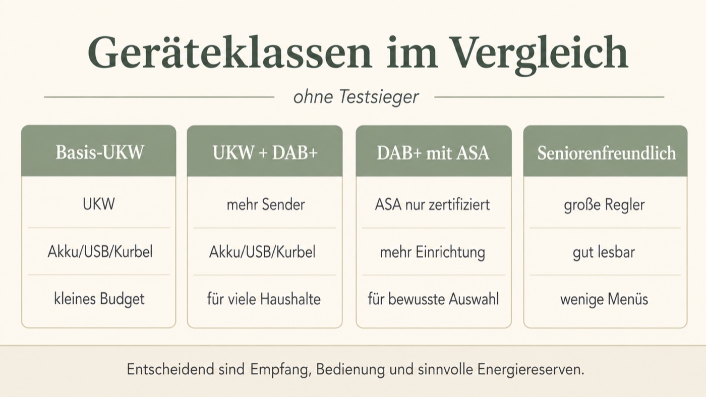 Geräteklassen vom einfachen UKW-Radio bis zum ASA-zertifizierten DAB+-Radio