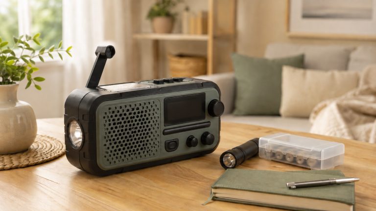 Kurbelradio für den Haushalt auf einem Tisch im Wohnzimmer