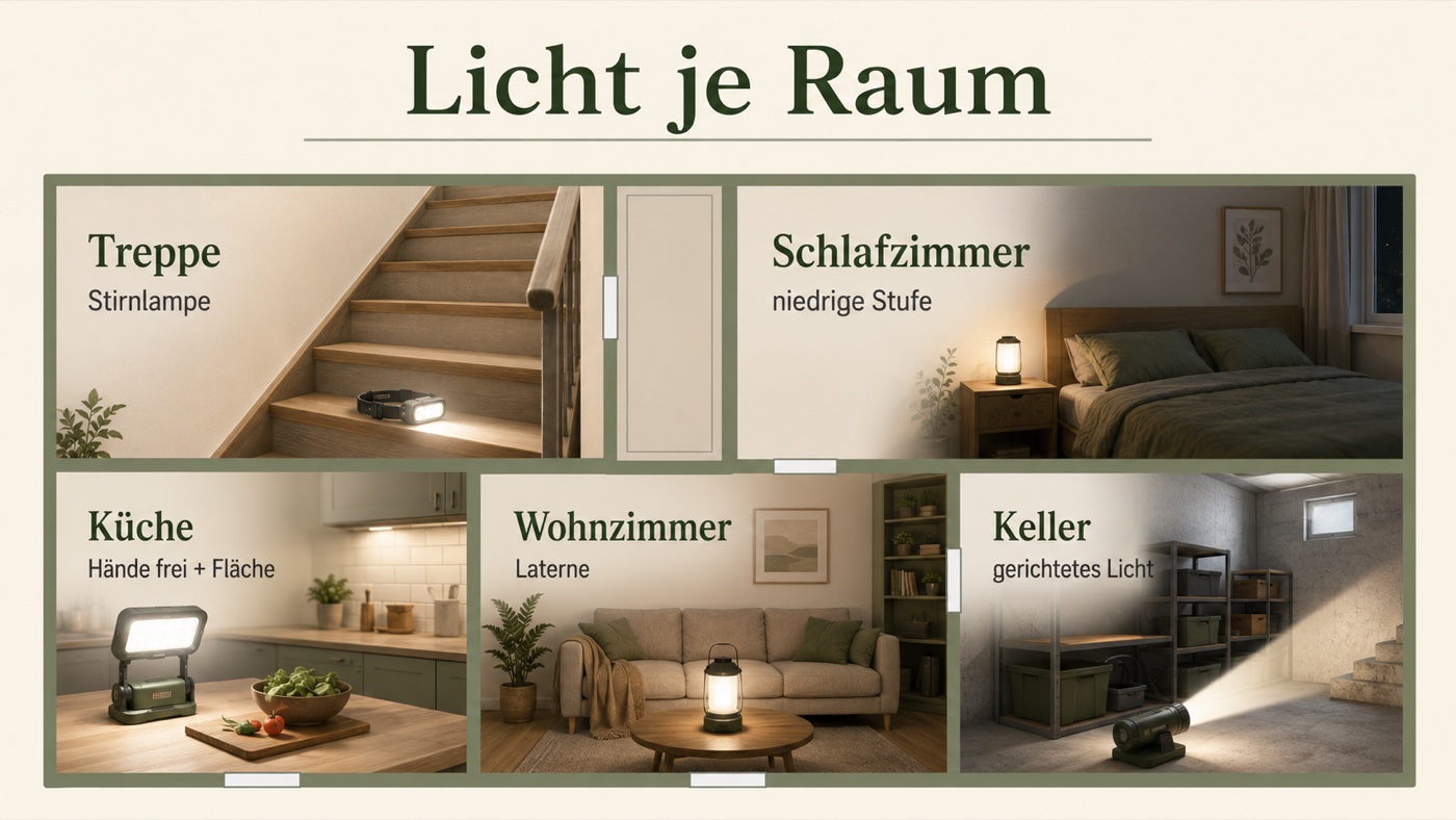 Licht je Raum: Stirnlampe für die Treppe, niedrige Stufe im Schlafzimmer, Hände frei plus Fläche in der Küche, Laterne im Wohnzimmer, gerichtetes Licht im Keller