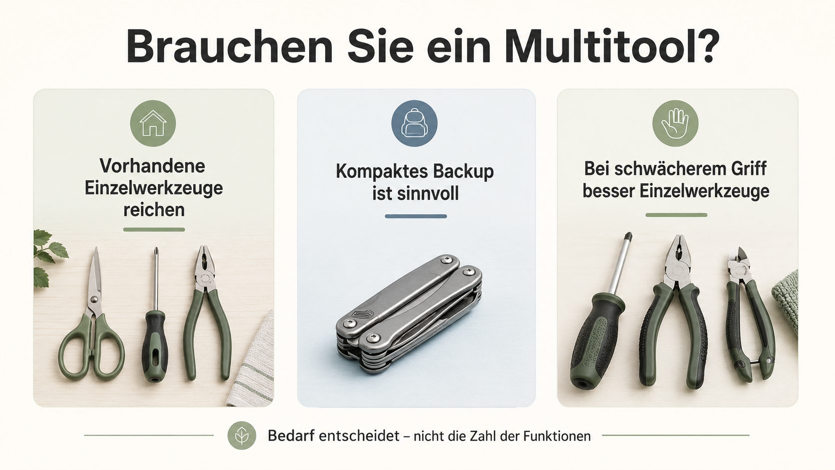 Brauchen Sie ein Multitool? Einzelwerkzeuge reichen, kompaktes Backup sinnvoll, bei schwächerem Griff besser Einzelwerkzeuge