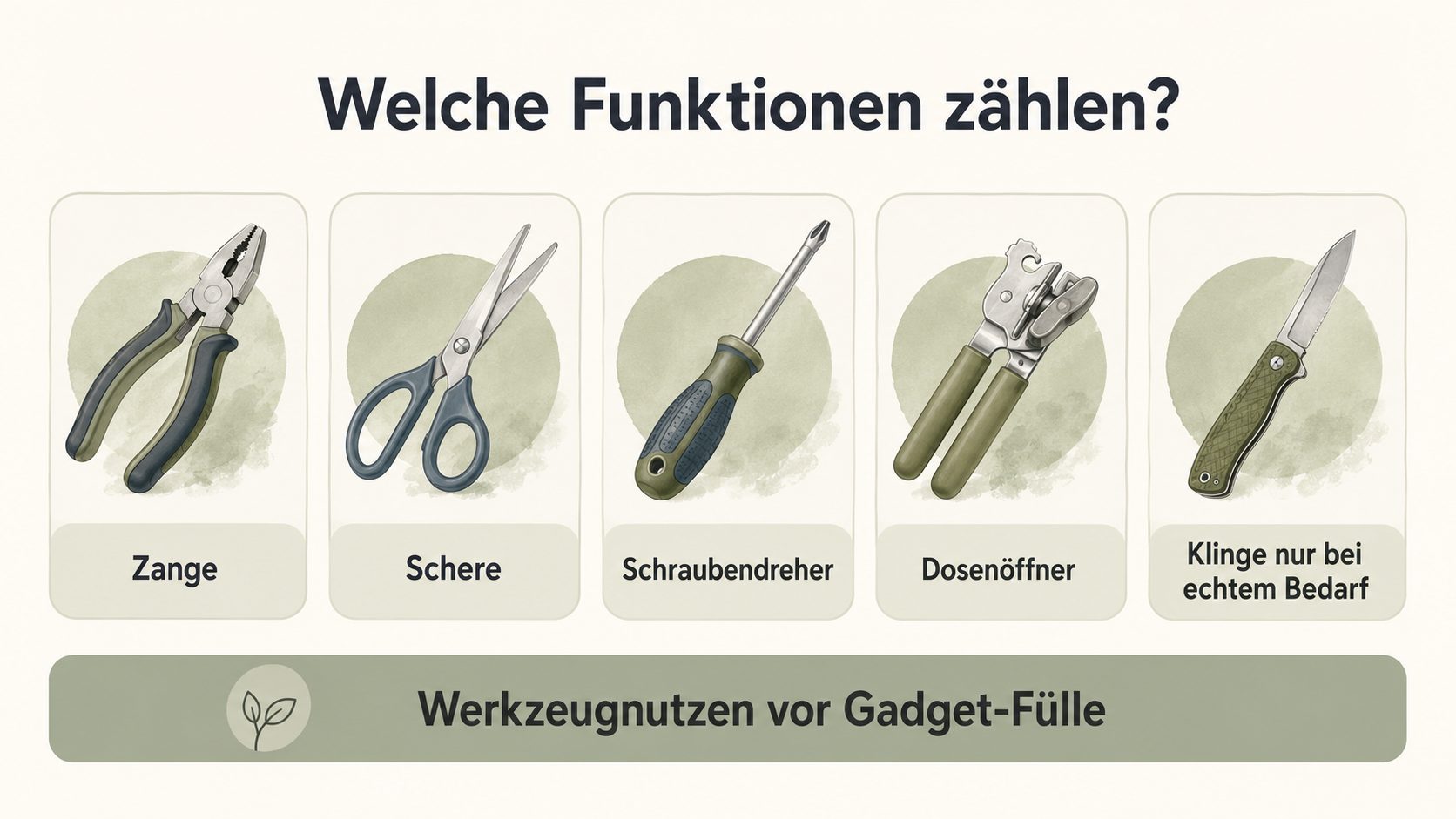 Welche Funktionen zählen: Zange, Schere, Schraubendreher, Dosenöffner, Klinge nur bei echtem Bedarf