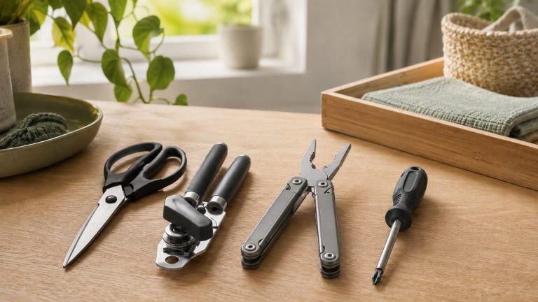 Multitool mit ausgeklappter Zange neben Schere, Dosenöffner und Schraubendreher auf einem Holztisch