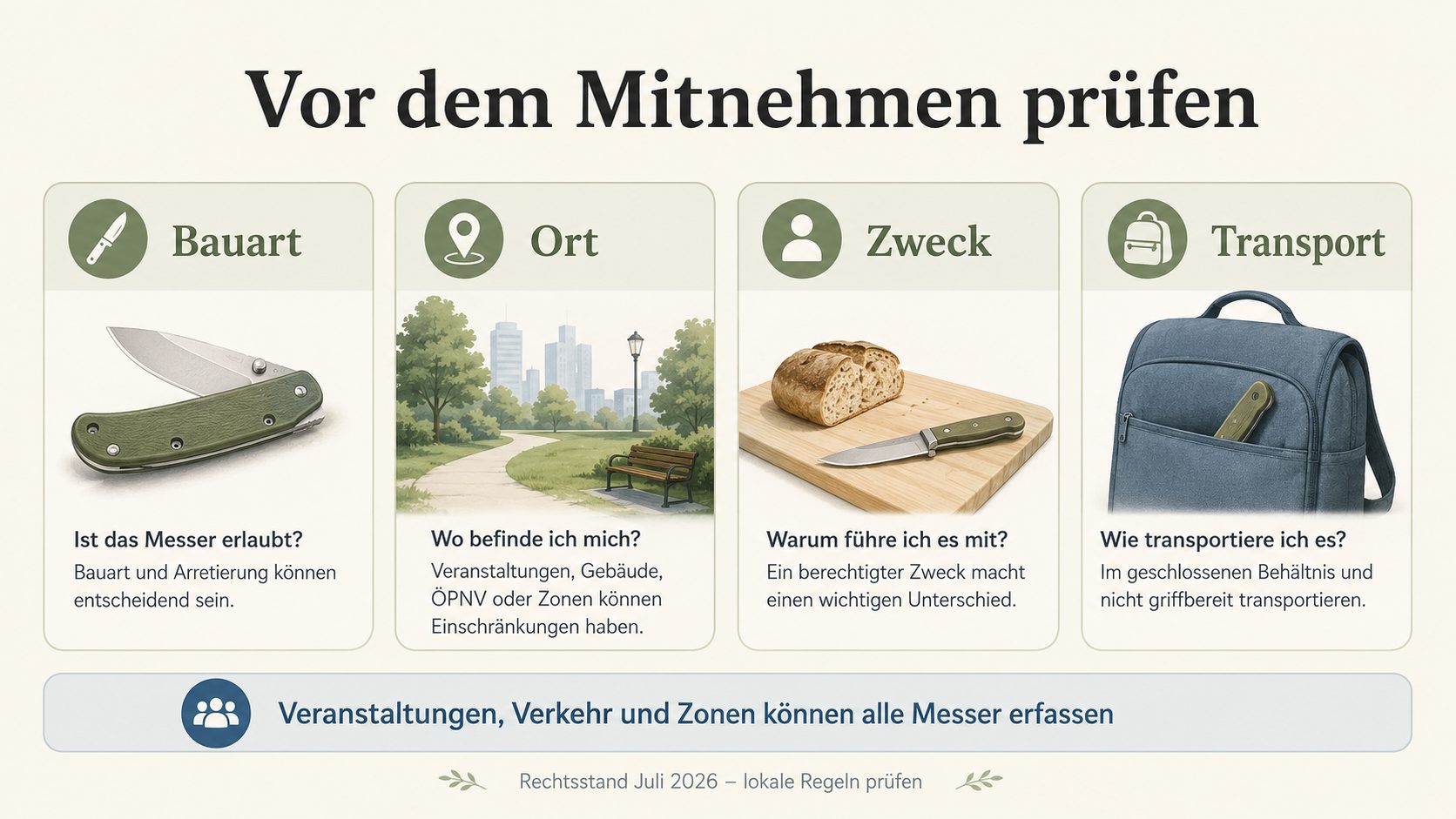 Vor dem Mitnehmen prüfen: Bauart, Ort, Zweck, Transport – Veranstaltungen, Verkehr und Zonen können alle Messer erfassen