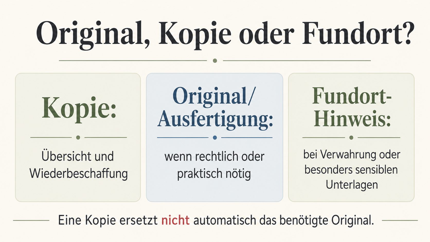 Grafik: Original, Kopie oder Fundort – Kopie für Übersicht und Wiederbeschaffung, Original wenn nötig, Fundort-Hinweis bei Verwahrung