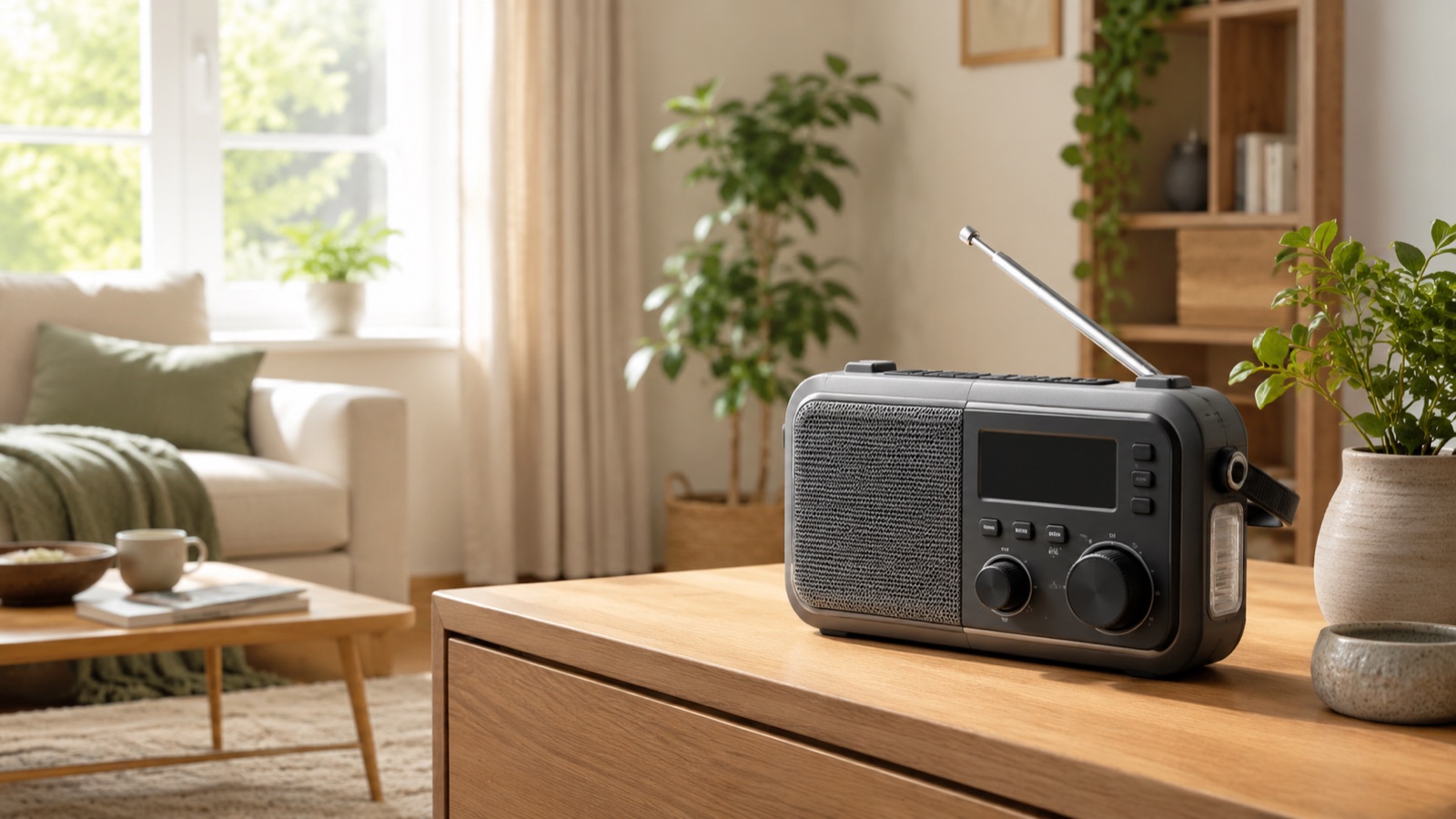 Notfallradio mit DAB+ in einem hellen Wohnraum