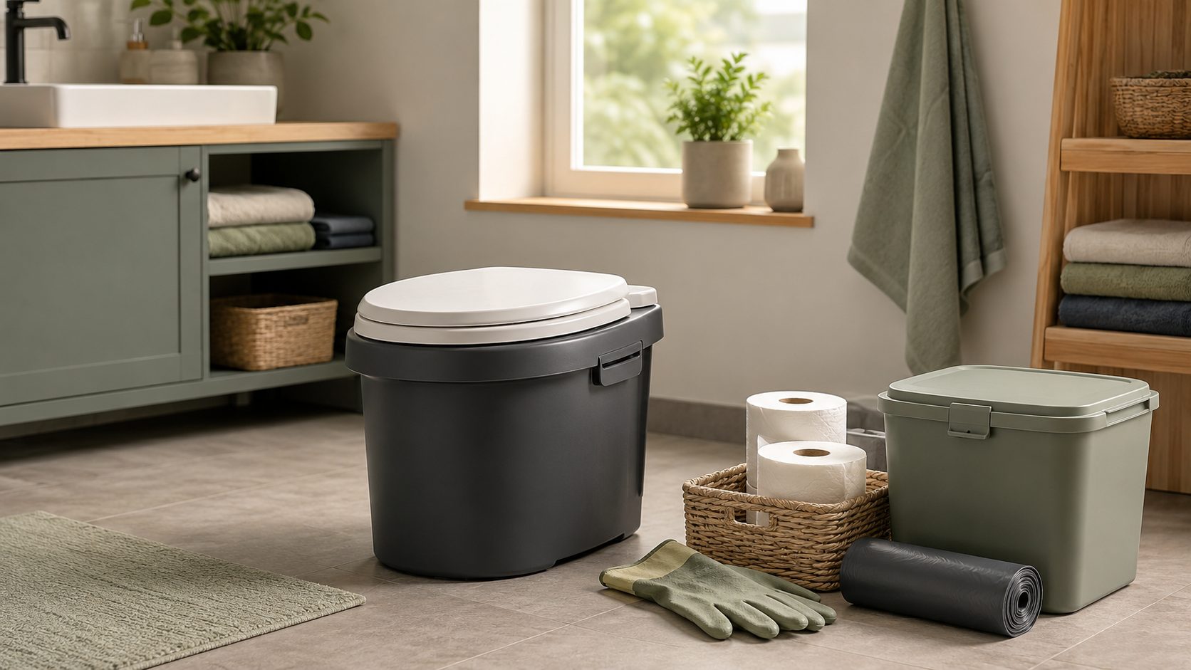 Eine geschlossene portable Notfalltoilette steht mit Beuteln, Toilettenpapier und Handschuhen geordnet in einem hellen Badezimmer bereit