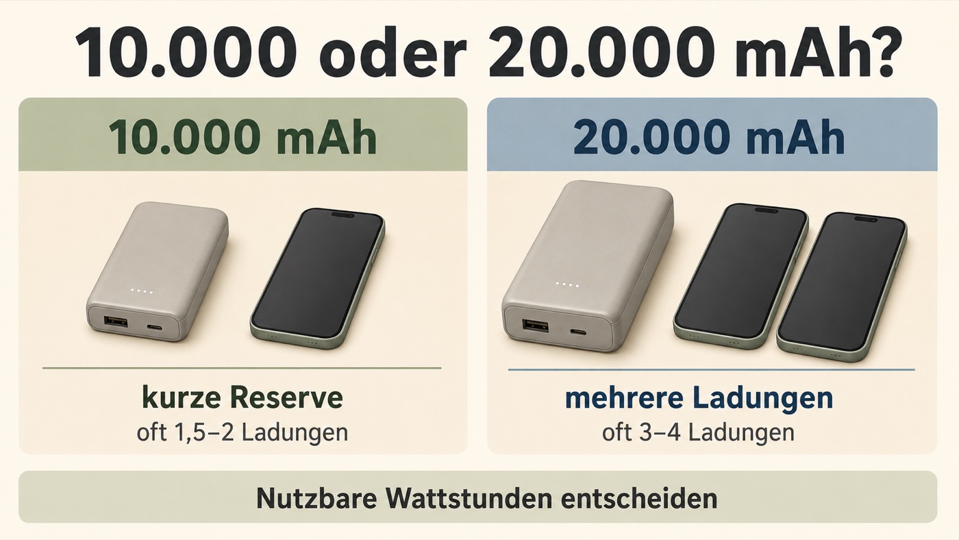 10.000 oder 20.000 mAh Powerbank im Vergleich – nutzbare Wattstunden entscheiden