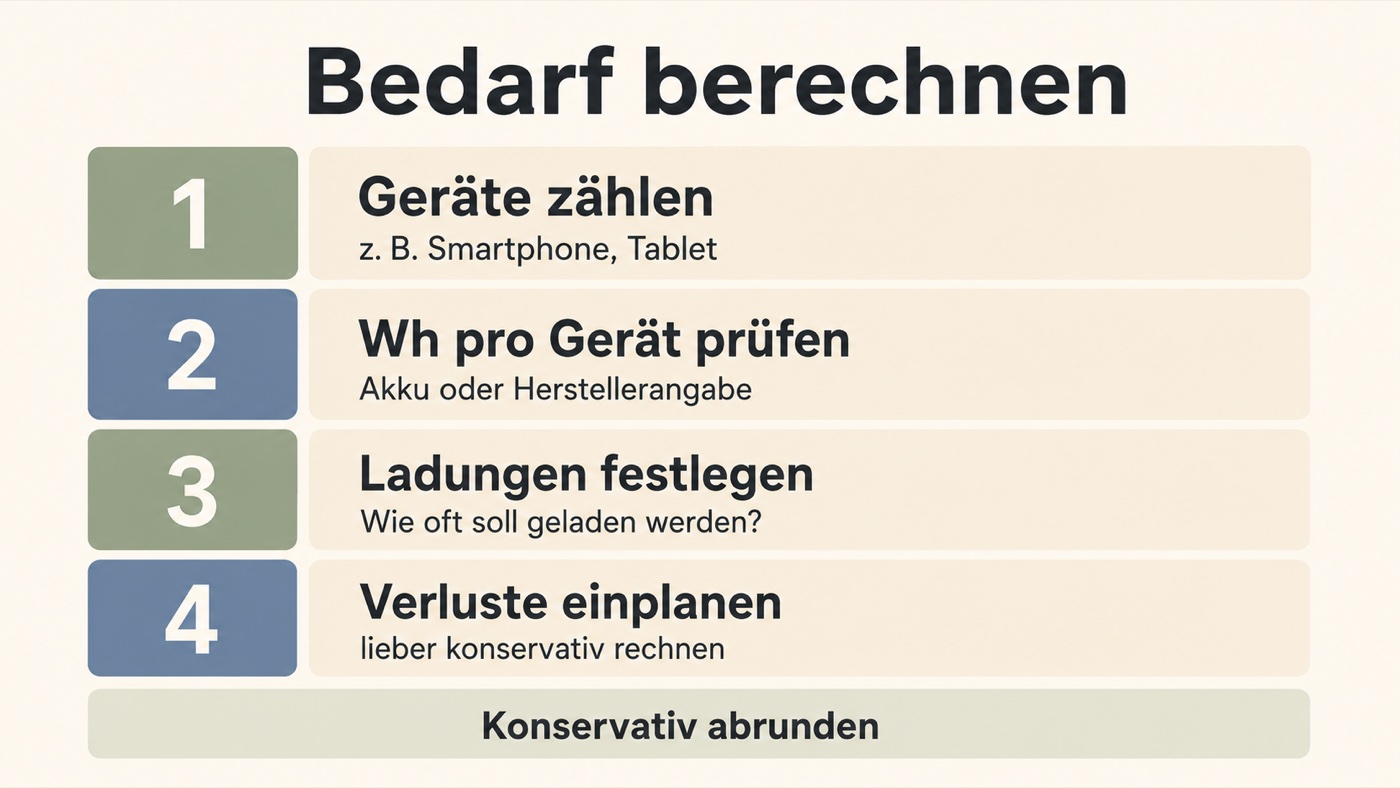 Powerbank-Bedarf in vier Schritten berechnen: Geräte zählen, Wattstunden prüfen, Ladungen festlegen, Verluste einplanen