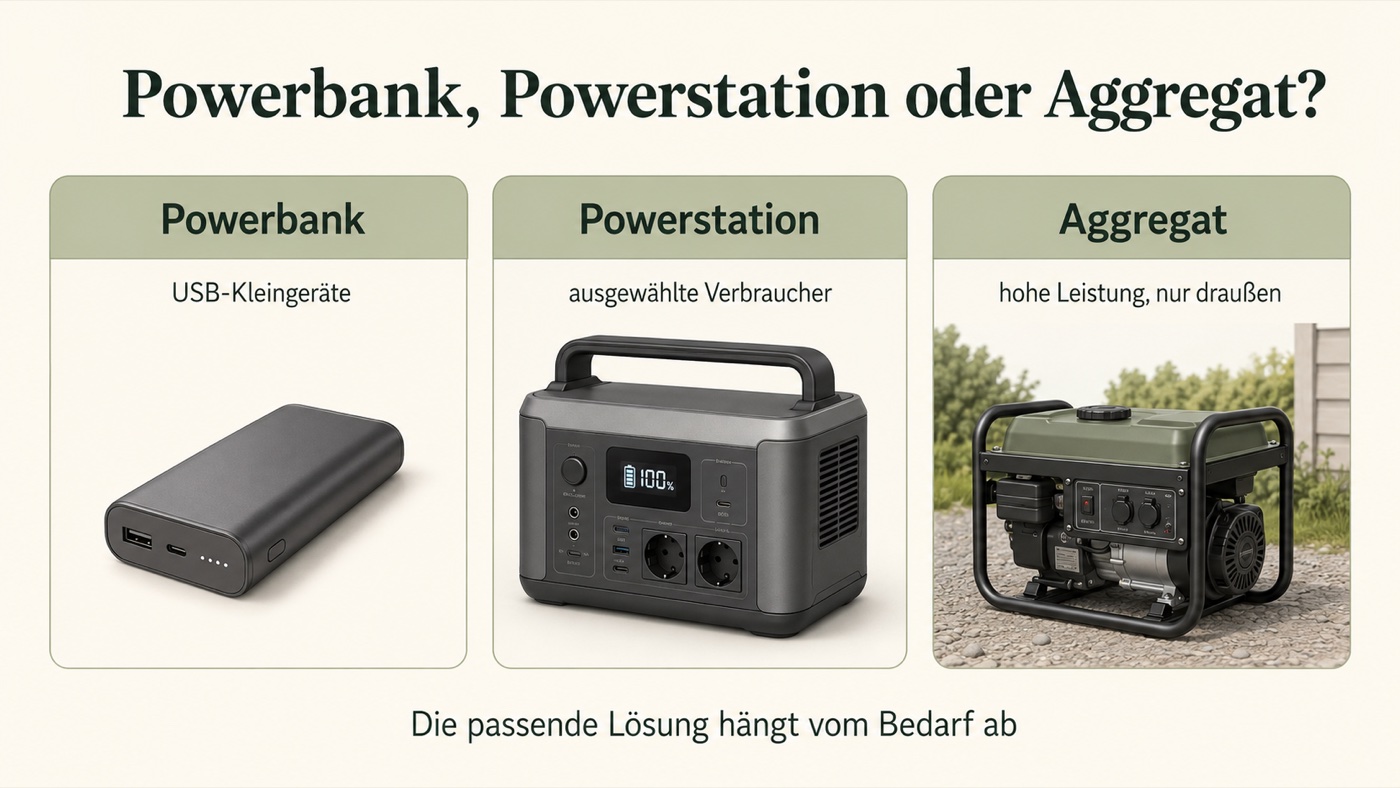 Powerbank für USB-Kleingeräte, Powerstation für ausgewählte Verbraucher, Notstromaggregat für hohe Leistung im Freien