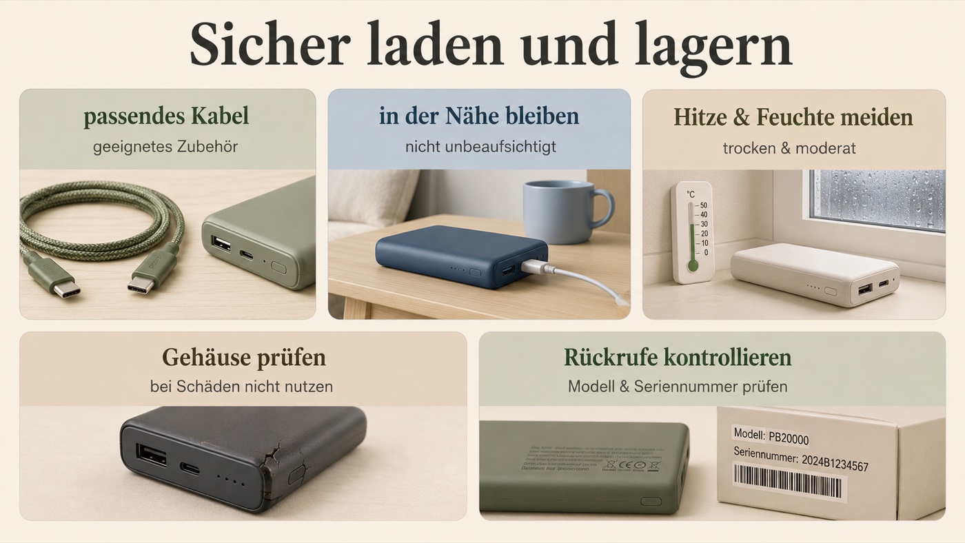 Powerbank sicher laden und lagern: passendes Kabel, Aufsicht, Hitze meiden, Gehäuse prüfen, Rückrufe kontrollieren
