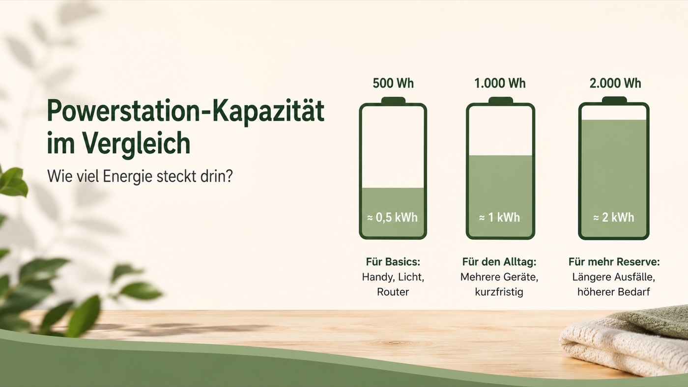 Powerstation-Kapazität im Vergleich: 500 Wh, 1 kWh und 2 kWh für unterschiedlichen Bedarf