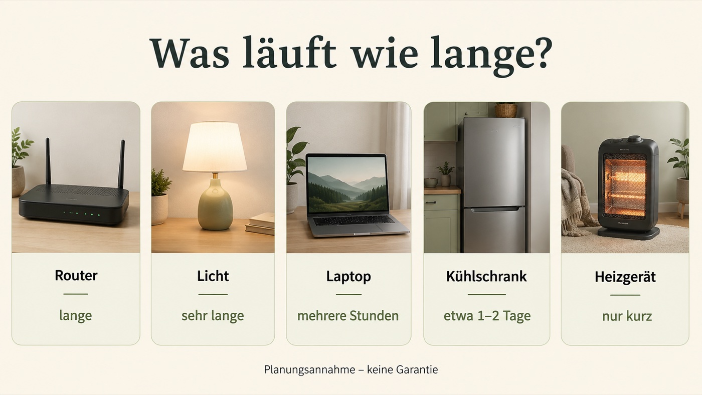 Beispielhafte Laufzeiten an einer Powerstation: Router und Licht lange, Laptop mehrere Stunden, Kühlschrank ein bis zwei Tage, Heizgerät nur kurz