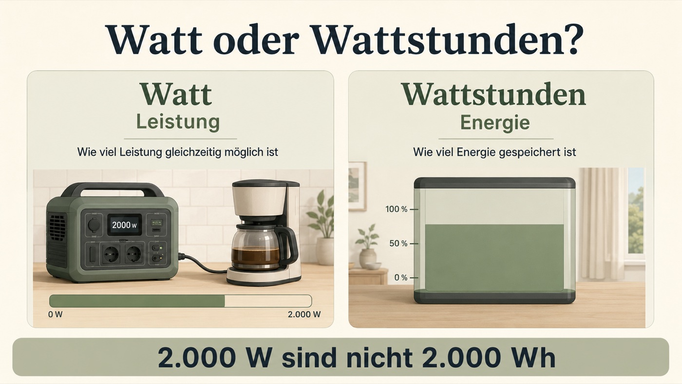 Watt beschreibt die Leistung, Wattstunden die gespeicherte Energie – 2.000 W sind nicht 2.000 Wh