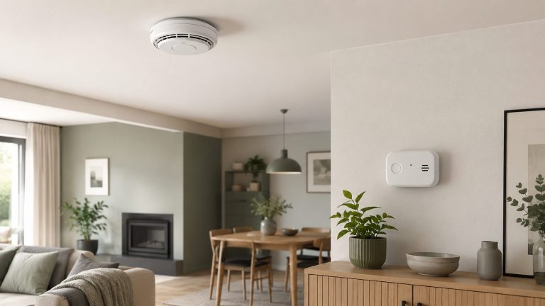 Rauchwarnmelder an der Decke und separater CO-Melder in einem hellen Wohnraum