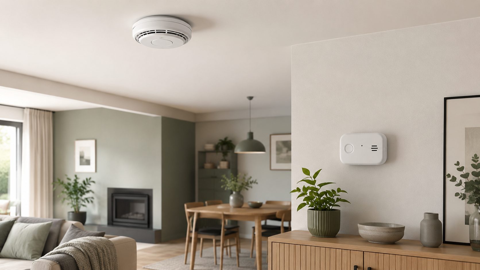 Rauchwarnmelder an der Decke und separater CO-Melder in einem hellen Wohnraum