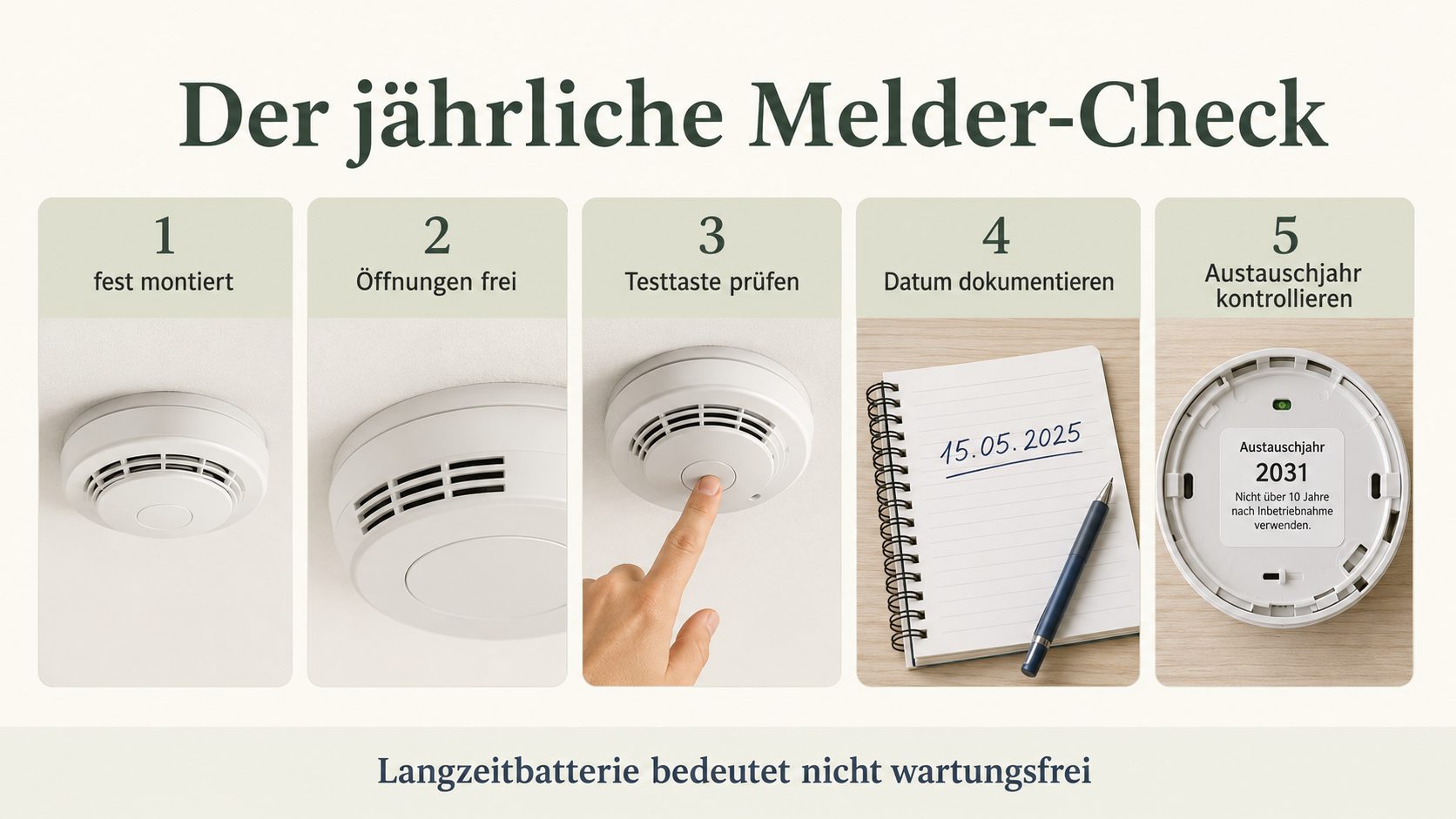 Der jährliche Melder-Check: fest montiert, Öffnungen frei, Testtaste prüfen, Datum dokumentieren, Austauschjahr kontrollieren