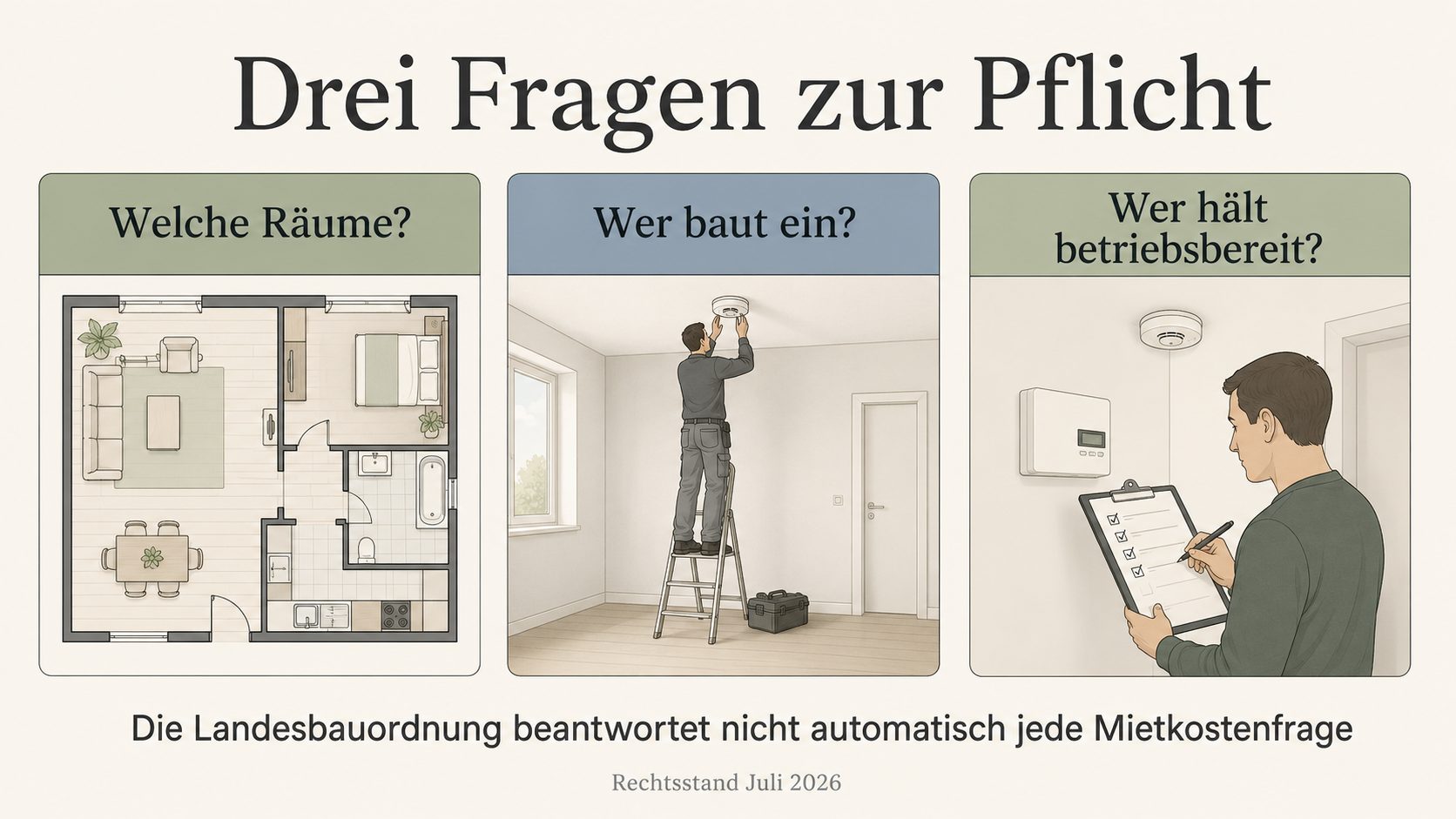 Drei Fragen zur Pflicht: Welche Räume, wer baut ein, wer hält betriebsbereit – die Landesbauordnung beantwortet nicht jede Mietkostenfrage