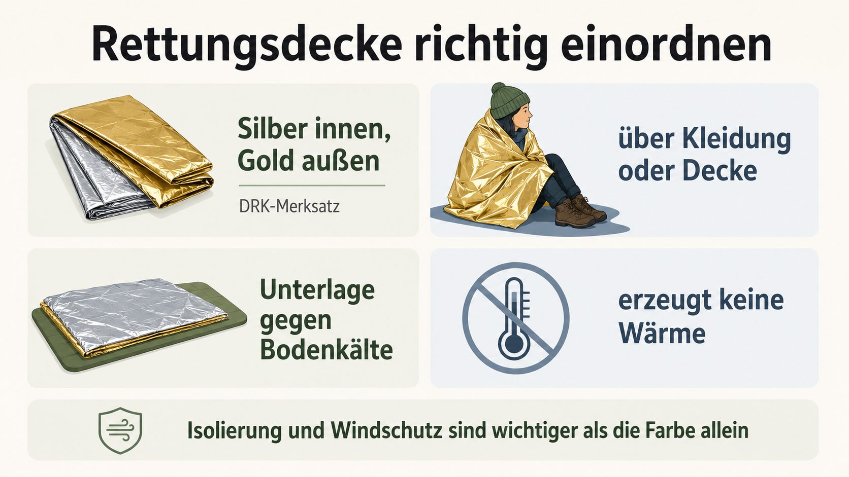Rettungsdecke richtig einordnen: Silber innen Gold außen nach DRK, über Kleidung oder Decke, Unterlage gegen Bodenkälte, erzeugt keine Wärme