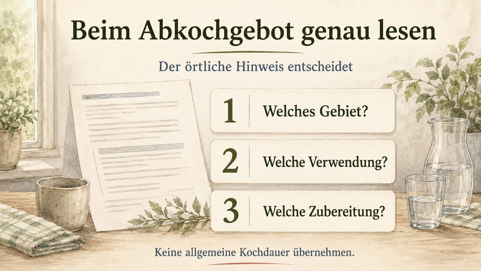 Grafik: Ein Abkochgebot richtig lesen - welche Verwendungen betroffen sind, dass es kein allgemeines Nutzungsverbot ist und dass die oertliche Anordnung die Kochweise vorgibt