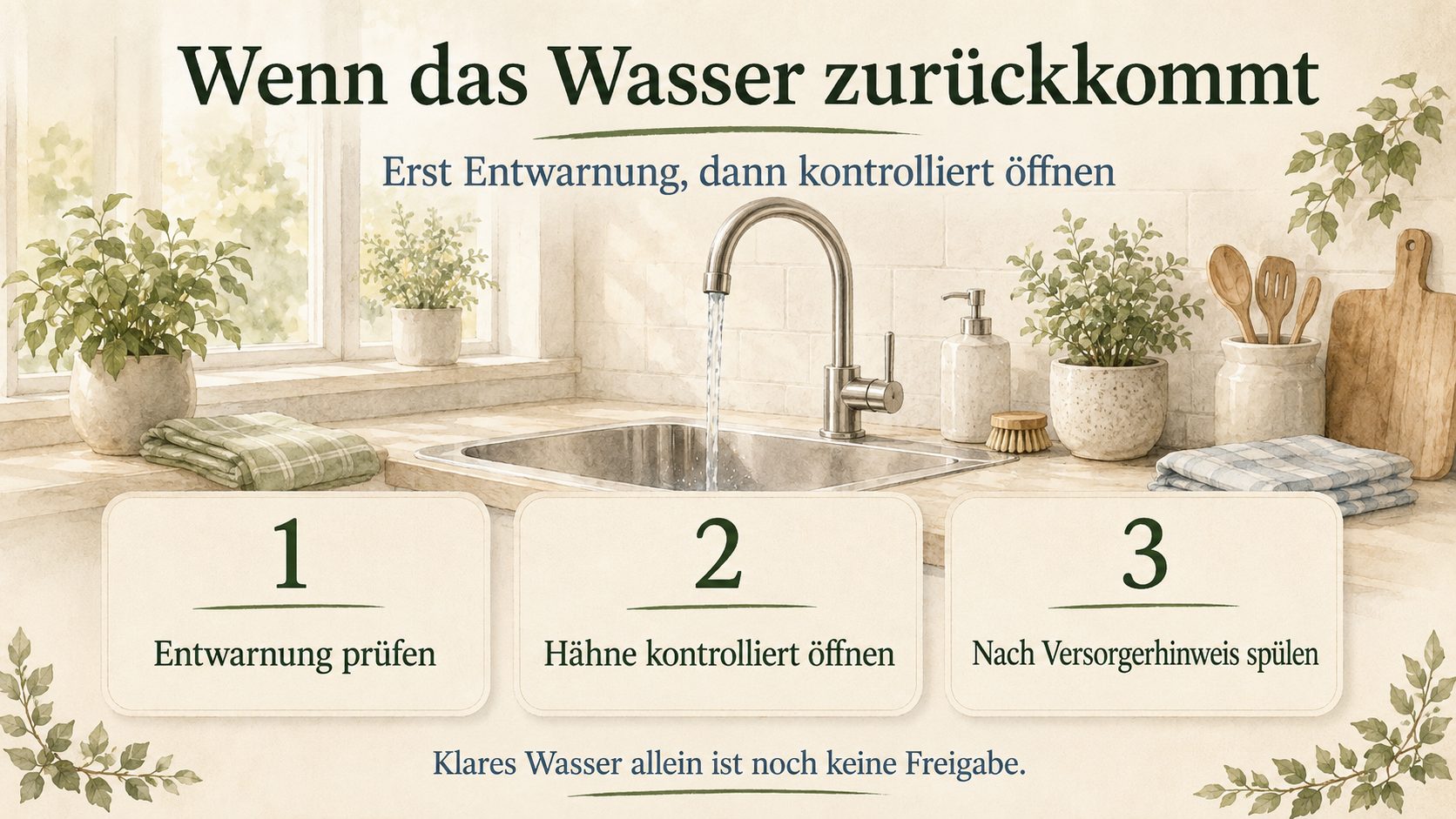 Grafik: Wenn das Wasser zurueckkommt - offizielle Meldung pruefen, Haehne kontrolliert oeffnen, nach Versorgerhinweis spuelen und Abkochgebot erst nach offizieller Aufhebung beenden