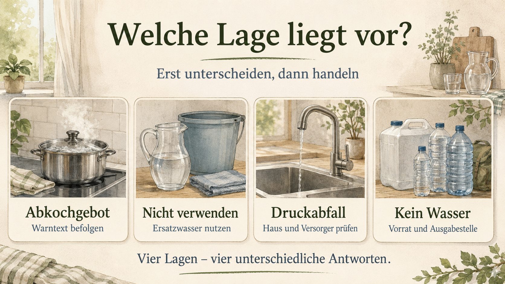 Grafik: Welche Trinkwasserlage liegt vor - Abkochgebot, Nichtverwendungsanordnung, niedriger Druck und vollstaendiger Ausfall als unterschiedliche Lagen mit unterschiedlichen ersten Schritten