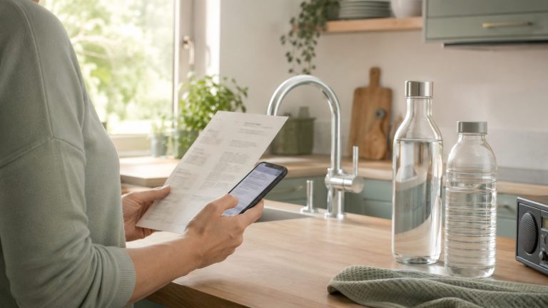 Eine Person prüft in einer hellen Küche eine aktuelle Trinkwasserinformation neben Wasserflaschen, Wasserhahn und Radio