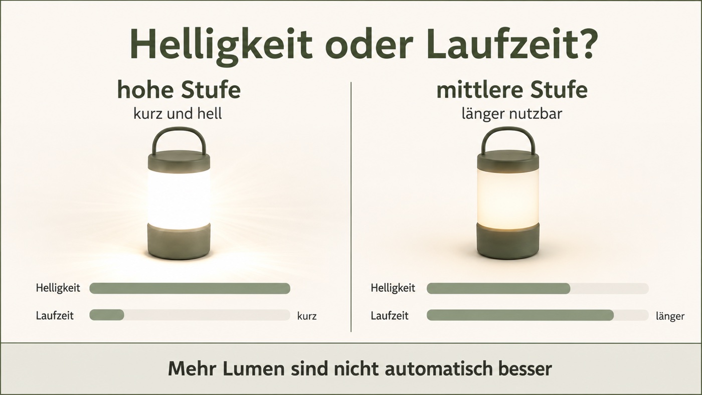 Helligkeit oder Laufzeit: die hohe Stufe leuchtet kurz und hell, die mittlere Stufe länger – mehr Lumen sind nicht automatisch besser