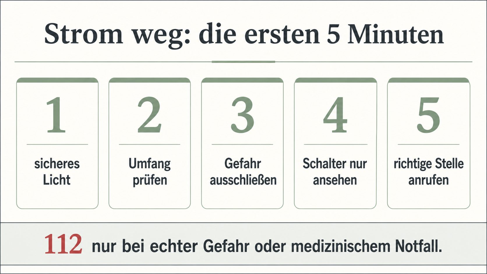 Grafik: Strom weg – die ersten fünf Minuten in fünf Schritten; 112 nur bei echter Gefahr oder medizinischem Notfall