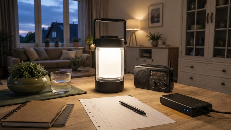 Batterieleuchte, Radio, Powerbank und eine Checkliste liegen geordnet auf einem Tisch für einen Stromausfall bereit