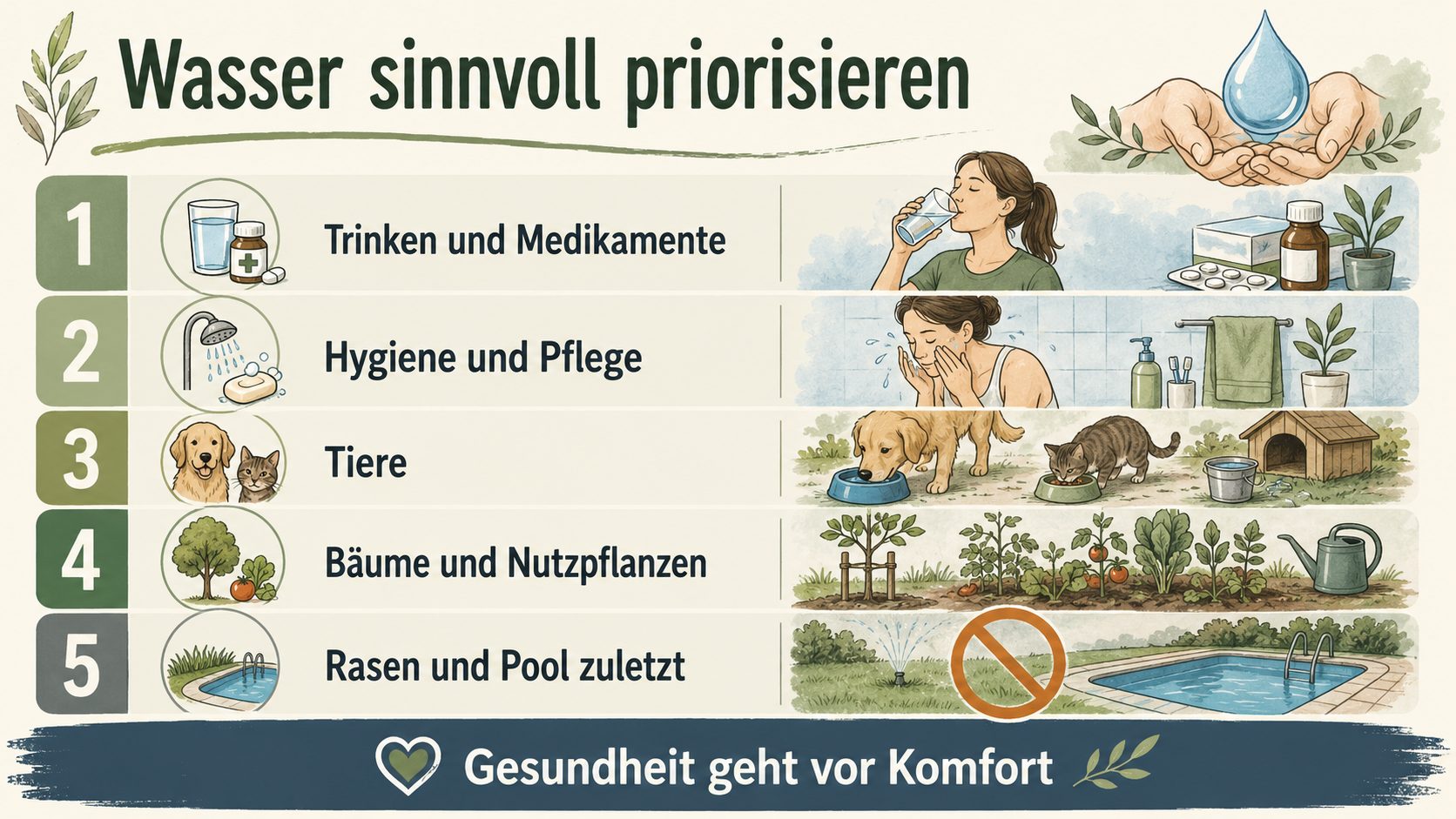Grafik: Wasser sinnvoll priorisieren mit Trinken und Medikamenten zuerst, dann Hygiene und Pflege, Tiere, Bäume und Nutzpflanzen, zuletzt Rasen und Pool