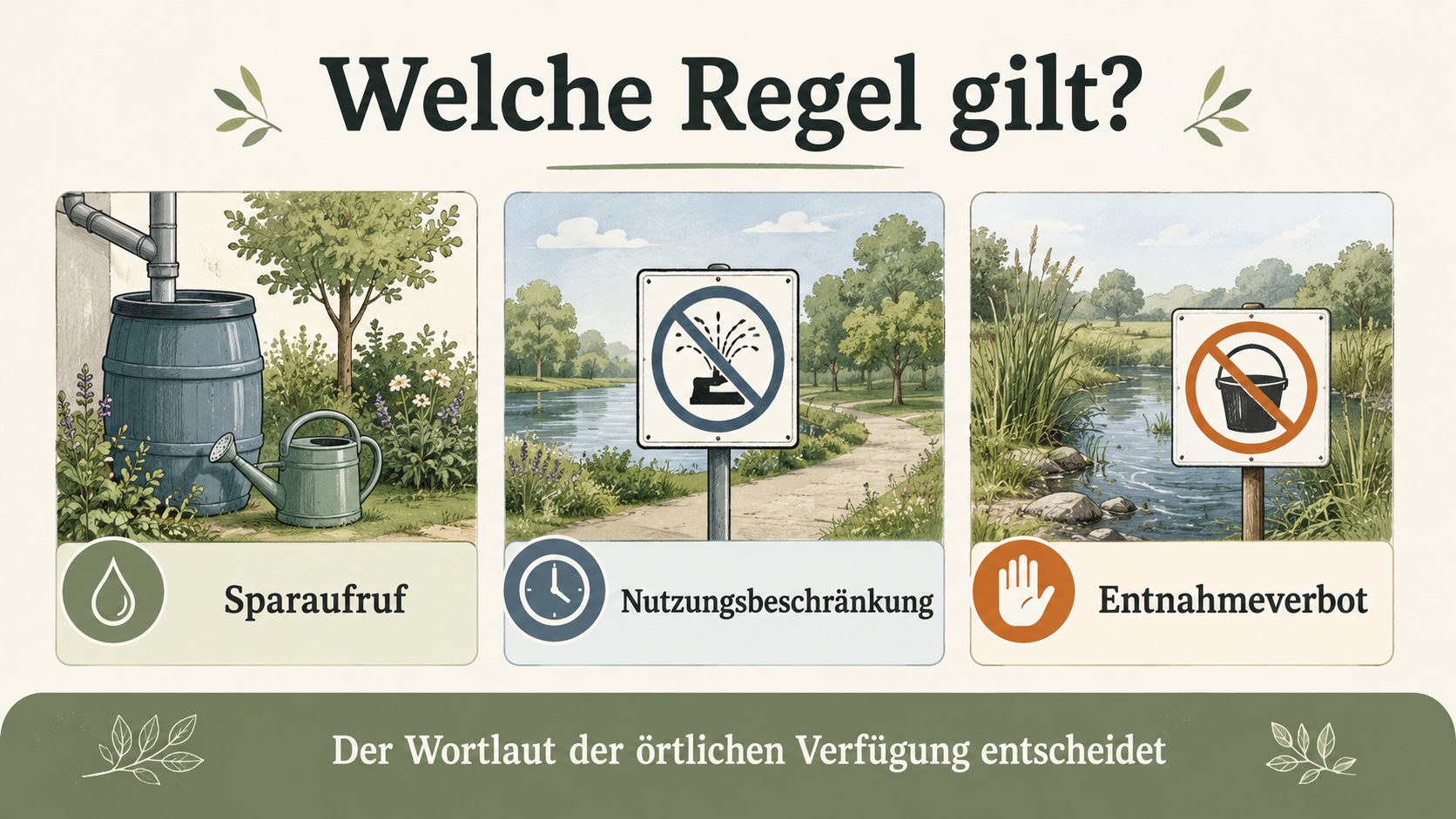 Grafik: Welche Regel gilt – Sparaufruf als Bitte, Nutzungsbeschränkung und Entnahmeverbot als verbindliche Regeln, der Wortlaut der örtlichen Verfügung entscheidet