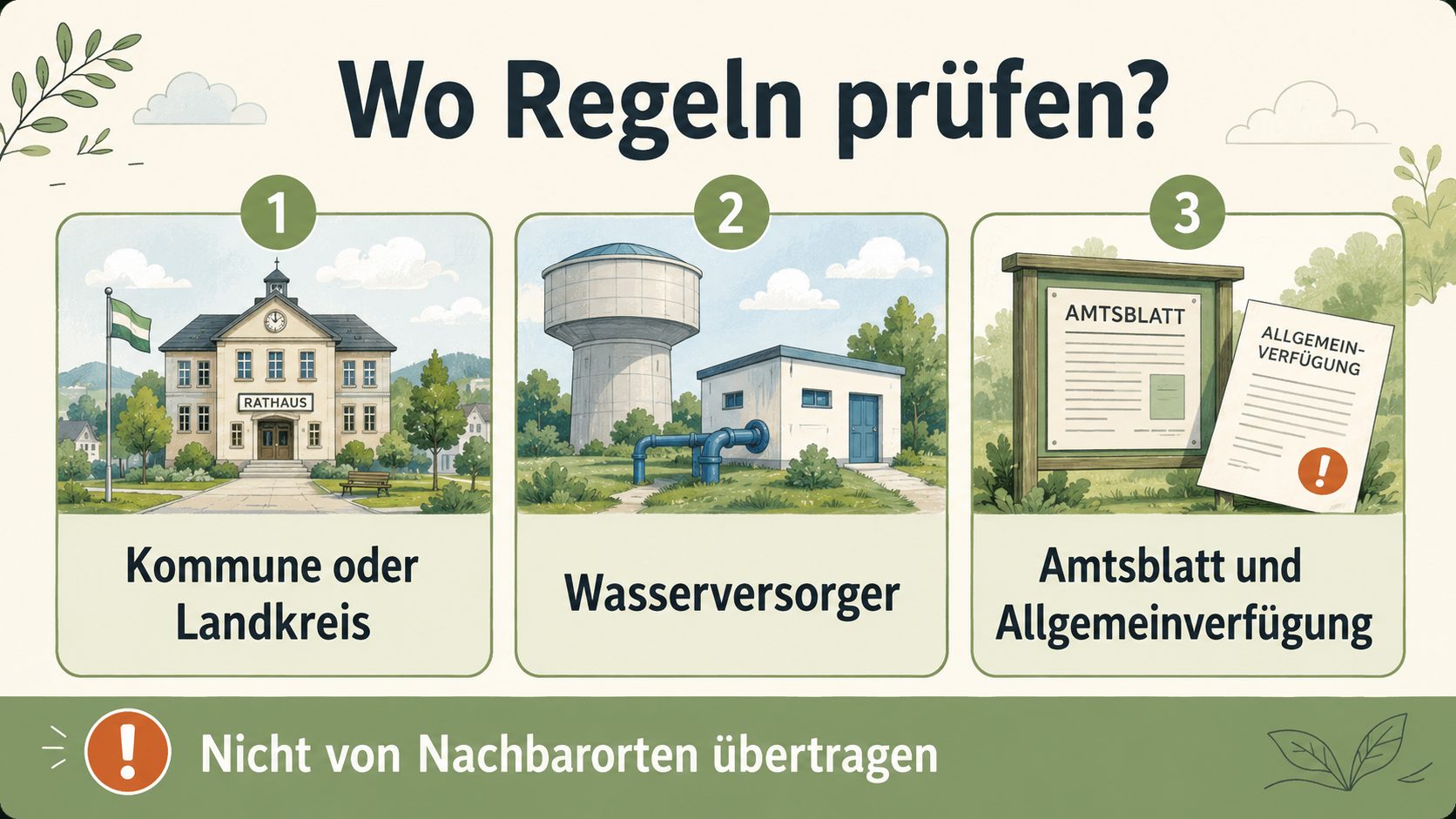 Grafik: Wo Regeln prüfen mit Kommune und Landkreis, Wasserversorger sowie Amtsblatt und Allgemeinverfügung, nicht von Nachbarorten übertragen